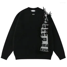 Herrtröjor Hip Hop Letter Mens Sticked Tassel Patchwork Harajuku Streetwear Casual Loose O-Neck Varsity Pullover Coar Autumn