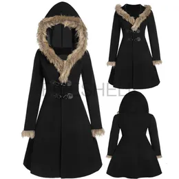 Женская шерстяная зимняя теплая куртка с меховым воротником, пальто для женщин, однотонное шерстяное винтажное платье с тонкой талией с капюшоном, кожаная пряжка, винно-красное платье 231109