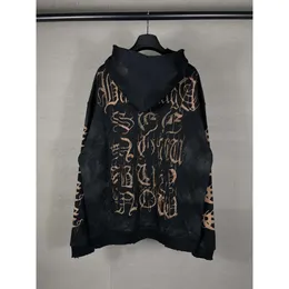 Designer Hoodie Balanciaga Paris B Home High Edition 23 New Sanskrit Hand Painted Graffiti Wash Water Old Worn Zipper Cardigan Hoodie