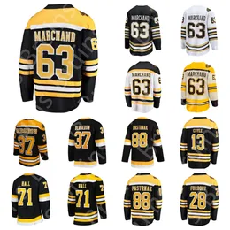 Mens New 도착 하키 유니폼 #63 Brad Marchand #88 David Pastrnak Jeremy Swayman Linus Ullmark Milan Lucic Home Away 플레이어 Jersey Black White