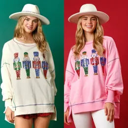 Kvinnor s t -shirt Kvinnor s julnötknäppare Sweatshirt Pullover 2024 Year Wear Sequins Versatil Top Cartoon Soldier Pink tröja för kvinnor 231109