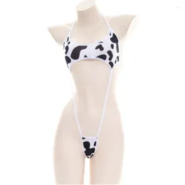 Women's Swimwear Women Cute Milk Cow Print Bikini Bodysuit Sexy Halter Backless Cutout Micro Jumpsuit Strappy Erotic Cosplay Lingerie