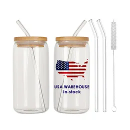 USA CA Warehouse Custom UV Vinyl Printing Clear 16oz Beer Can Shaped Glass Burs Tumbler Cups With Bamboo Lid and Glass Straw