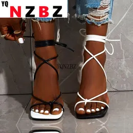 Sandals Yqnzbz الموضة المثيرة الدانتيل Up مربع إصبع القدم الكعب رفيع صليب حزب المرتبطة عالية 9 سم الأسود الحجم الأبيض 35-42