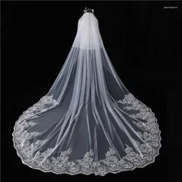 Véus nupciais atacado duas camadas catedral véu de casamento welon slubny rendas apliques mantilla de novia velo