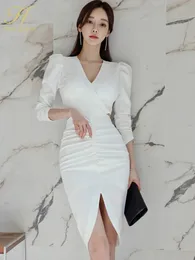Grundläggande avslappnade klänningar H Han Queen Vneck Spring Elegant White Profession Mante Pencil Women BodyCon Office Vestidos 231109
