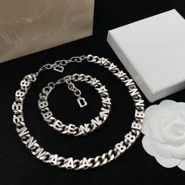 men designers gold Plate necklaces and bracelets women luxury wide chains silver neckwear vintage letter Stainless Steel bracelet Collier lovers jewelry sets