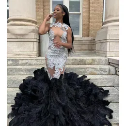 Black Girl Mermaid Evening Dress Appliques Feathers Sleeveless Illusion Sexy Party Prom Dresses Vestios De Fiesta Para Bodas