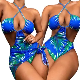 Damen Bademode Sarong Halfter Blätter Druck Damen Badeanzug Damen Monokini Cut Out Bather Badeanzug Swim Lady