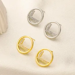 High-end placcato oro 18 carati argento 925 designer di marchi di lusso doppie lettere F orecchini a bottone geometrici donne famose intarsio rotondo zircone orecchino festa di nozze gioielli