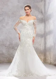 Elegant Long Wedding Dresses Off the Shoulder Full Sleeves with Lace Applique Mermaid Sweep Train Bridal Gowns