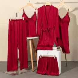 Kobietowa odzież sutowa jedwab 5 sztuk piżama garnitur dla kobiet satynowy piżama w szpic letni luźne salon sexy Nightdress Home noszenie