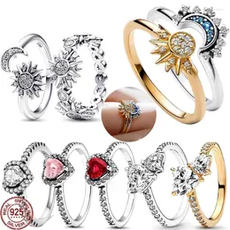 Anillos de racimo Exquisito 925 Plata esterlina Coronas brillantes Sol Luna Anillo en forma de corazón Luz Lujo Clásico Encanto Joyería de mujer Regalo