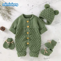Rompers Baby Rompers Caps Clothes Sets Born Girl Boy Sticked Jumpsuits Outfits Autumn Winter Long Sleeve Toddler Spädbarn Overaller 2st 230408