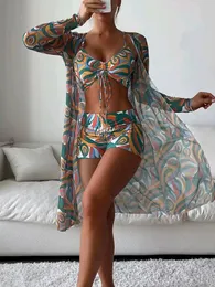 Kadın Mayo Tropikal Allover Baskı Bikini 3 Pack Drawstring Dantelli Örtü Kadın Mayo Uzun Kollu Mayo Plaj Giyim Mayo Takım elbise 230408