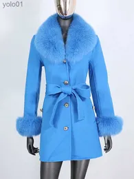 Women's Fur Faux Fur BLUENESSFAIR 2022 Real Fur Coat Winter Jacket Women Natural Fur Collar Cuffs Belt Cashmere Wool Woolen Outerwear StreetwearL231109