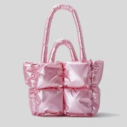 Kvällspåsar fluorescerande rosa puffy tote för kvinnor nylon vadderad handväska ner handtags påsar vinter kvinnliga mode axelpåsar pures 231108