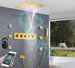 Luxuriöses Gold-Duschset mit eingebetteter Decke, Edelstahl 304, 16-Zoll-Regen- und Wasserfall-LED-Thermostatduschkopf mit Musik, Spe4887077