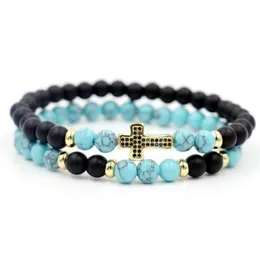 Strand 2pcs/set 6MM Blue Onyx Stone Bracelet Men Copper Inlay Zircon Crosses Bracelets For Women Couples Love Lucky Jewelry Beaded Strands