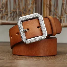 Kemerler 3.8cm kalınlığında Cowhide oymalı paslanmaz çelik toka gerçek deri kot kemer erkekler yüksek kaliteli retro lüks erkek kayış cintos