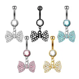 Full Rhinestone Bow Dangled Navel Ring Piercing Bow Knot Belly Button Ring for Women Sexig rostfritt stål Belly smycken