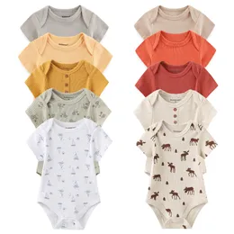 Rompers Born Bodysuits Unisex 5Pieces Baby Girl Clothes Solid Color Cotton Baby Boy Clothes Set Cartoon Print Summer Bebes 230408