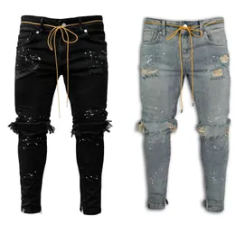 Jeans masculinos rasgados buraco jeans para homens hip hop carga calça angustiado luz azul denim jeans magros roupas masculinas comprimento total calças de outono 231108