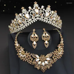 Collana Orecchini Set Elegante cristallo champagne Corona da sposa e da sposa Diademi Orecchini da sposa Accessori Dubai