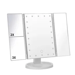Espelhos compactos 22 LED espelho de vaidade com luz 1/2/3X ampliação cosmética 3 espelhos de maquiagem dobráveis 180 rotação Stepless Dimmer Beauty Table Mirrors 231109