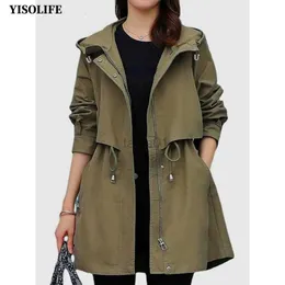 Parkas femininas YISOLIFE Jaqueta feminina com capuz Jaquetas de comprimento médio com zíper completo e drcord na cintura Primavera Outono Casacos zln231109