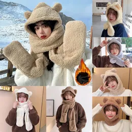 BeanieSkull Caps 1Pc Cute Bear Ear Hat Scarf Gloves 3in1 Winter Warm Hedging Cap Women Windproof Plush 231109