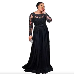 2023 Vintage Plus Size Black Chiffon Mother of the Bride Dresses Bow Belt Formella aftonklänningar Långa ärmar med pärlspetsapplikationer födelsedagsfest slitage