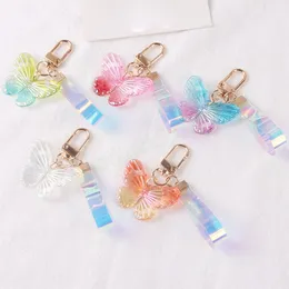 Fashion Acrylic Gradient Butterfly Keychain Stereoscopic Dream Colourful Butterfly Keyring With Wrist Strap Women Bag Ornaments