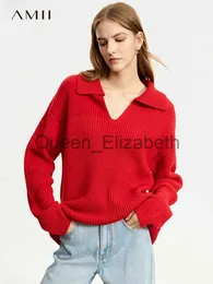Kvinnors tröjor amii minimalistiska franska lata stil tröjor för kvinnor 2023 vinter ny lös casual avslag V-hals långärmad blusar 12344142 J231108