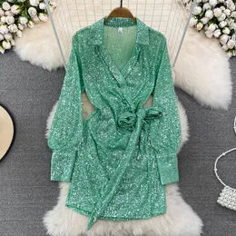 2023 Casual Dresses Sequined Women Dresses Long Sleeve Bandage Solid Vintage Bow Vestidos Mujer Korean Spring Autumn Mini Dress Sexy