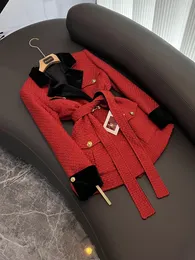 2023 Winter Red Contrast Color Belted Tweed Blazers Long Sleeve Notched-Lapel Double Pockets Double-Breasted Warm Down Outwear Coats A3N026513