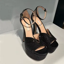 Platform Rhinestone Sandalet Kadın Yüksek Topuk Sandallar Pompalar Topuklu Tıknaz Blok Açık Ayak Ayak Bileği Süper Yüksek Elbise Ayakkabı Partisi Lüks Tasarımcılar Ayakkabı Fabrikası 14cm