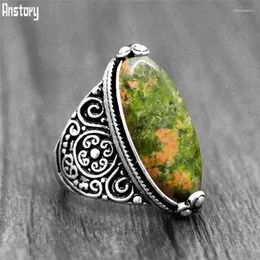 Pierścienie klastrowe Nieregularny kształt oka Unakite Flower Band Natural Stone Antique Srebrny Pierścień Mody