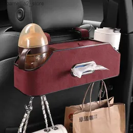 Bilarrangör Bilstolens bakre lagringslåda Multifunktionell Auto Tissue Universal äkta läderbaksäte Vattenkopphållare Hängande Hook Organizer Q231109