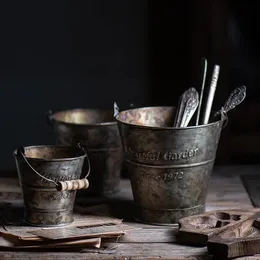 Vasos vintage alça de ferro balde metal retro inglês impressão ferro forjado barril de flor vaso pote banheira decoração de casa pogal 231109