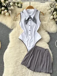 Sukienki robocze Singreiny Bow Preppy Style Mundur Suits Button Bez pleców Body