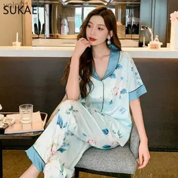 Kvinnors sömnkläder Sukae Luxury Jacquard Ice Silk Women's Pyjamas Set Casual Cardigan Short Sles Sleepwear Floral Silky Pijamas Lady Homesuitl231109