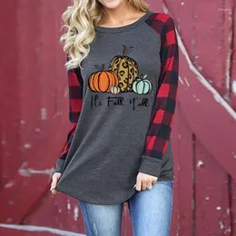 Damen T-Shirts 2023 Halloween Leopard Pumpkin Print Damen T-Shirts It's Fall Y'All Graphic Harajuku T-Shirt O-Ausschnitt Plaid Raglan