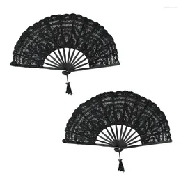 Decorative Figurines 2X Handmade Cotton Lace Folding Hand Fan For Party Bridal Wedding Decoration (Black)