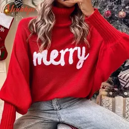 Women's Sweaters Christmas Knitted Sweater Women Turtleneck Bat Sleeve Merry Pullover Female Fashion Year Letter Embroidery Red Sweaters 231108