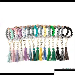 Key Rings Jewelrykimter Wooden Beads Wristlet Ring Solid Color Stretchy Sile Bracelet Keychain With Tassel For Lady Bag Pendant Q385 Dh9Lp