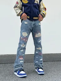 Men's Jeans Hip hop patch torn jeans for men High Street trend embroidery wide straight loose flared pants for men 231109