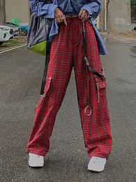 Women's Pants s HOUZHOU Punk Cargo Plaid Pant Gothic Harajuku Red Checkered Wide Leg Trousers For Female Autumn Streetwear Hippie Fashion