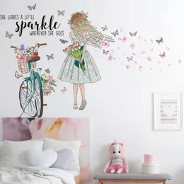 Wandaufkleber Fahrrad Blumenmädchen Cartoon Kreativer Wandaufkleber Abnehmbare Vinyl PVC Heimdekoration für Wohnzimmer und Schlafzimmer 230410