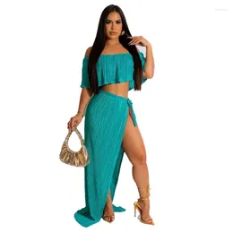 Work Dresses Long Skirt Set Wrapped Chest Sexy African Women Ruffle Sleeve Top Slit 2 Piece Solid Elegant Party Costume 2023 Summer